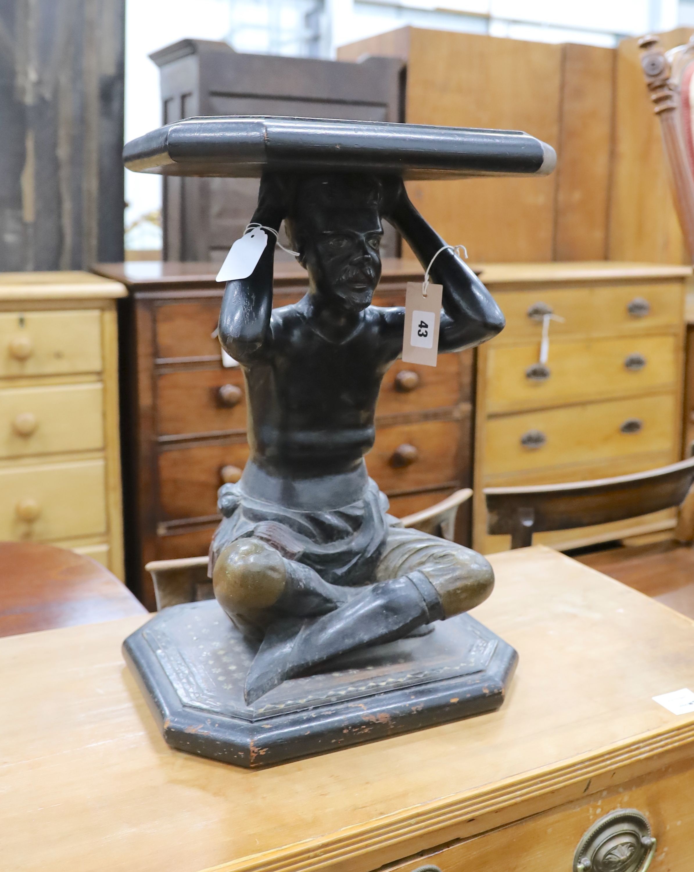 An ebonised wood blackamoor pedestal, width 34cm, depth 28cm, height 49cm